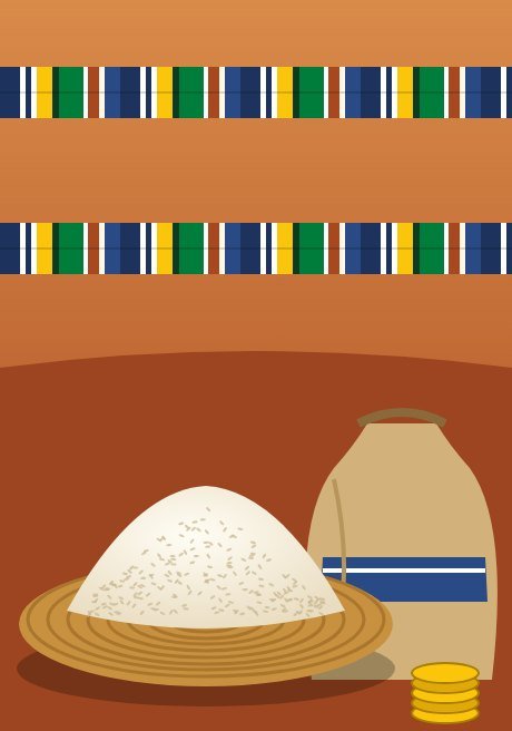 A fanner basket of rice beside a rice bag, on country cloth